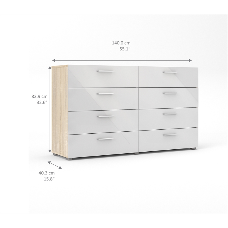 2PC Set with 1 Double Dresser and 1 Chest in Oak and White Gloss
