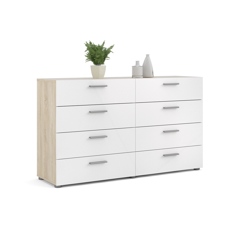 2PC Set with 1 Double Dresser and 1 Chest in Oak and White Gloss