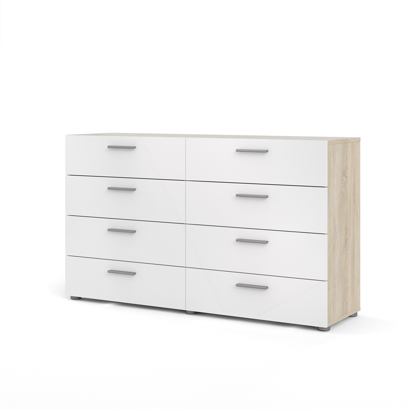 2PC Set with 1 Nightstand and 1 Double Dresser in Oak and White Gloss