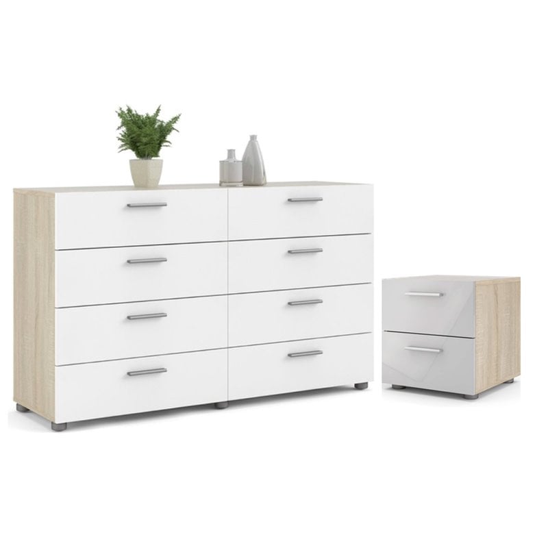 2PC Set with 1 Nightstand and 1 Double Dresser in Oak and White Gloss