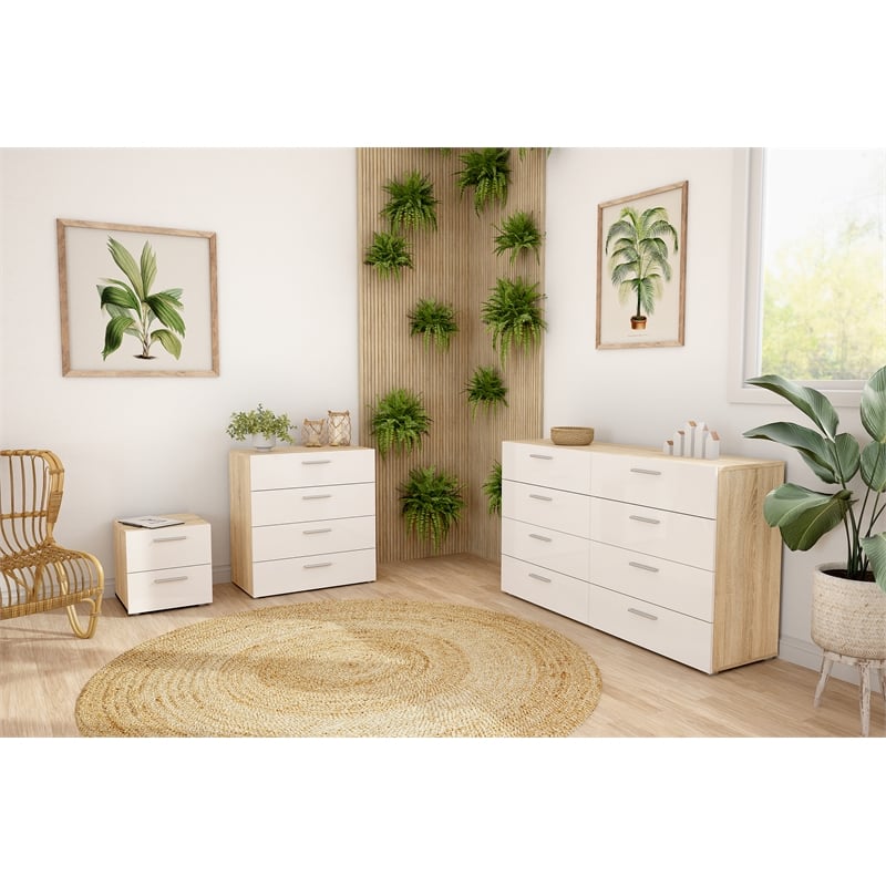 4PC Set Engineered Wood 2 Nightstands 1 Double Dresser & 1 Chest in Oak & White