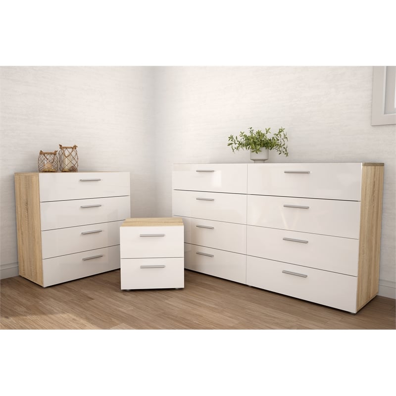 4PC Set Engineered Wood 2 Nightstands 1 Double Dresser & 1 Chest in Oak & White
