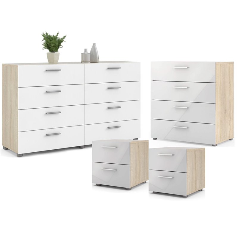 4PC Set Engineered Wood 2 Nightstands 1 Double Dresser & 1 Chest in Oak & White