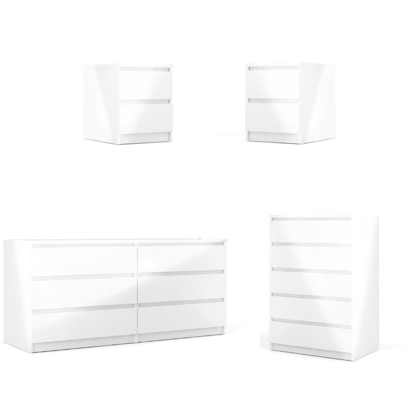 4PC Set with 2 Nightstands 1 Double Dresser and 1 Chest in White Gloss