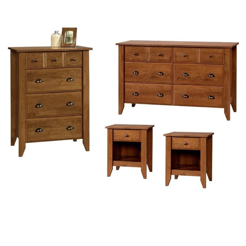 4 Piece Bedroom Set with Dresser Chest and 2 Nightstands in Oiled Oak