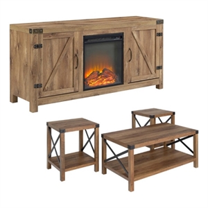 farmhouse fireplace tv stand with coffee table and 2 end tables set in barnwood