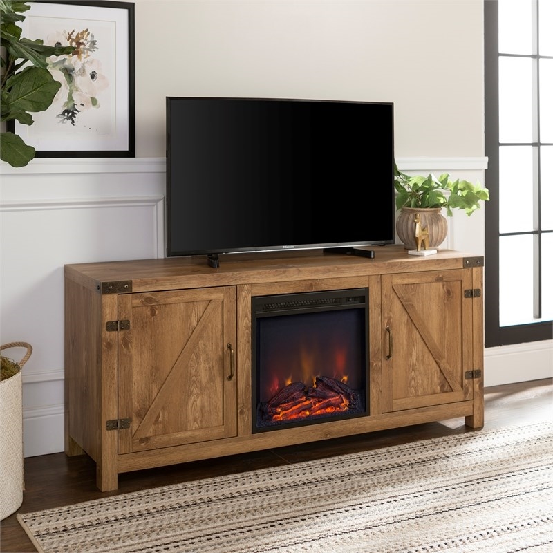 Farmhouse Fireplace TV Stand with Coffee Table and 2 End Tables Set in Barnwood