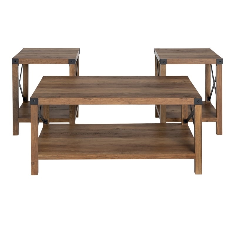 Farmhouse Fireplace TV Stand with Coffee Table and 2 End Tables Set in Barnwood