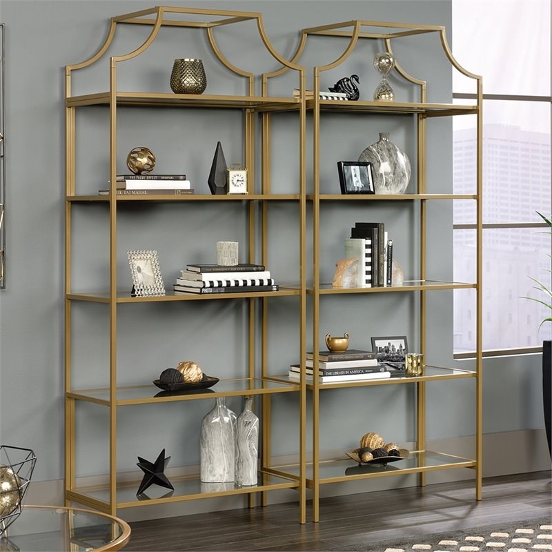 Home Square Contemporary 2 Piece Metal Bookcase set in Satin Gold