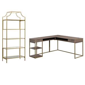 2 piece desk and bookcase set in ash and gold