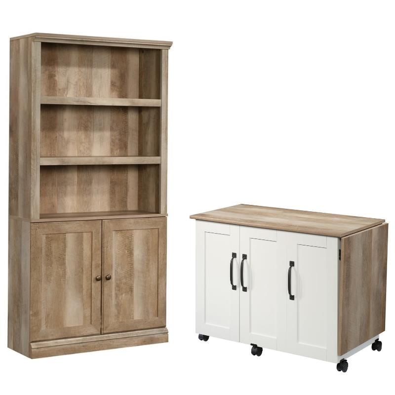 2 Piece Mid Century Bookcase and Craft Table Set in Lintel Oak