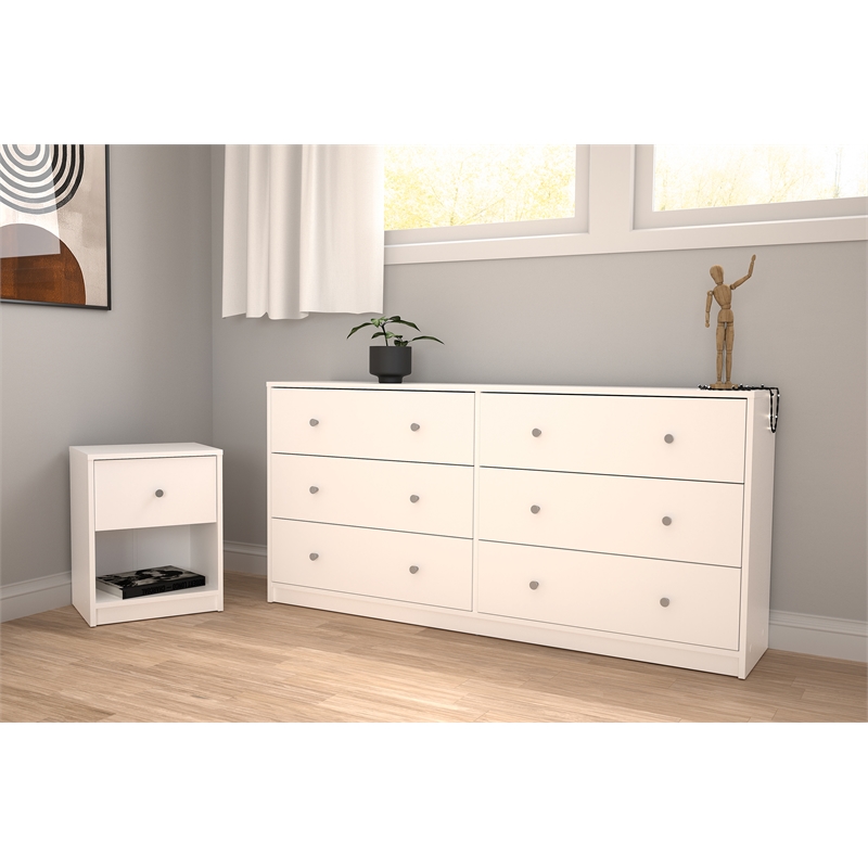 2 Piece Modern Wood Dresser and Nightstand Bedroom Set in White