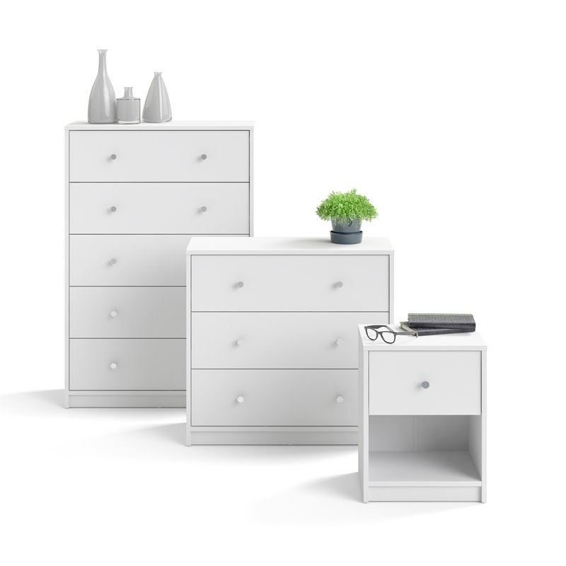 3 Piece Modern Wood Dresser and Nightstand Bedroom Set in White