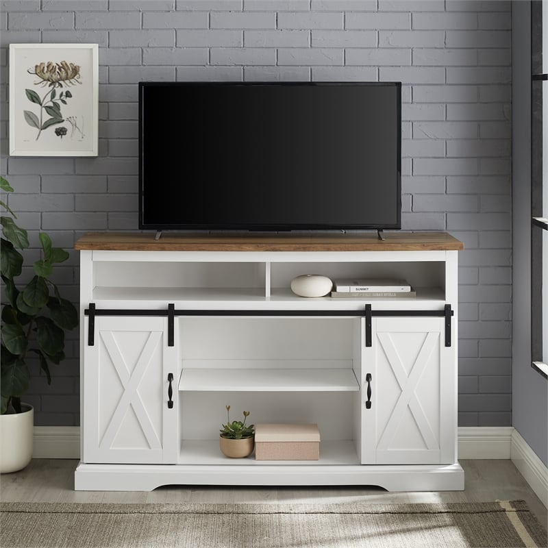 2 Piece Farmhouse Barn Door TV Stand and Buffet Table Set in White