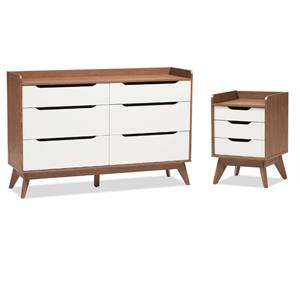 2 piece modern dresser and nightstand set in white and walnut