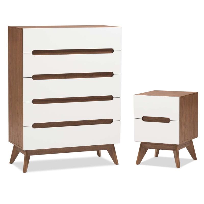 2 Piece Mid Century Modern Chest and Nightstand Set in White and