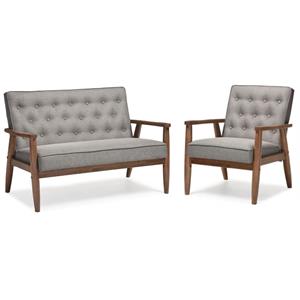 2 piece mid century modern tufted loveseat and chair set in gray