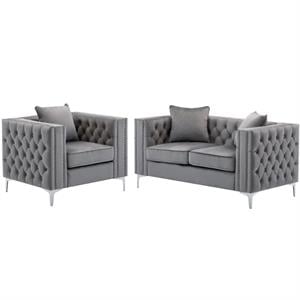 Home Square 2 Piece Velvet Fabric Loveseat and Chair Set in Gray