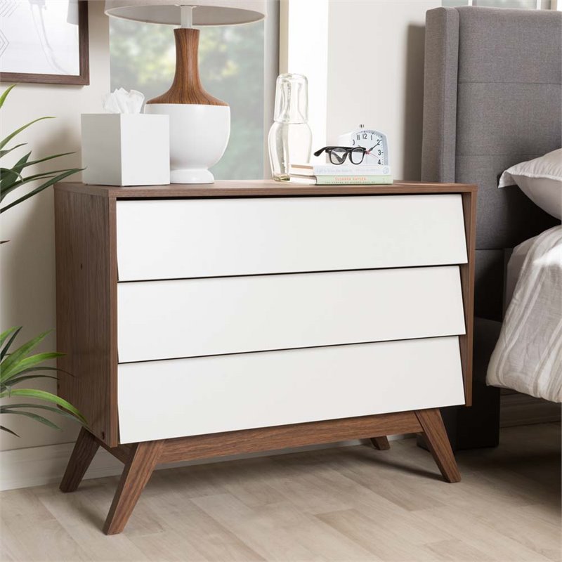 Home Square 3 Piece Chest and 2 Nightstands Bedroom Set in White/Walnut