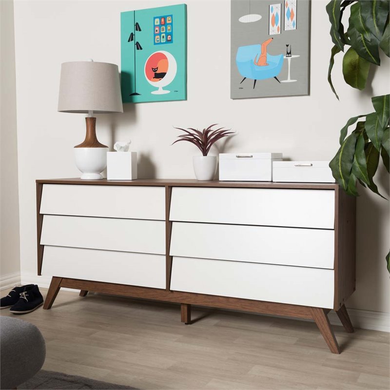 Home Square 3 Piece Engineered Wood Dresser with 2 Nightstands Set White/Walnut