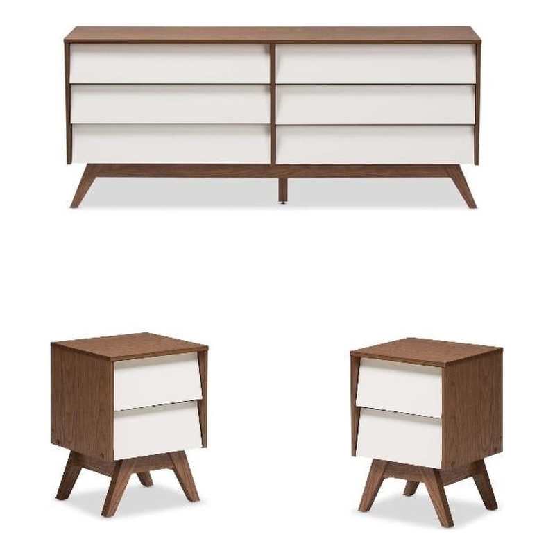 Home Square 3 Piece Engineered Wood Dresser with 2 Nightstands Set White/Walnut