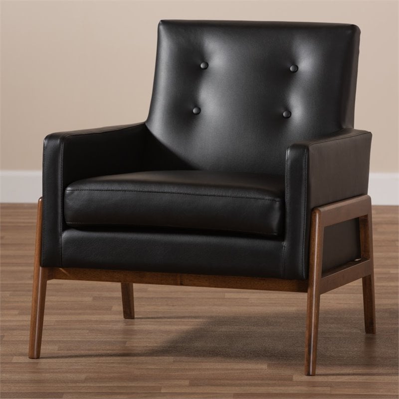 Home Square 2 Piece Faux Leather Upholstered Lounge Chair Set in Black/Walnut