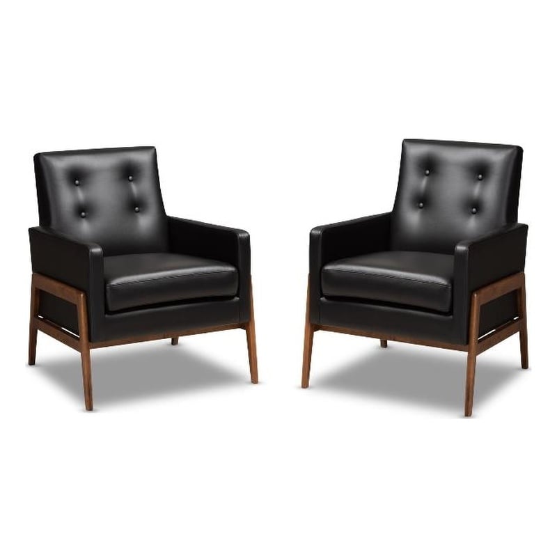 Home Square 2 Piece Faux Leather Upholstered Lounge Chair Set in Black/Walnut