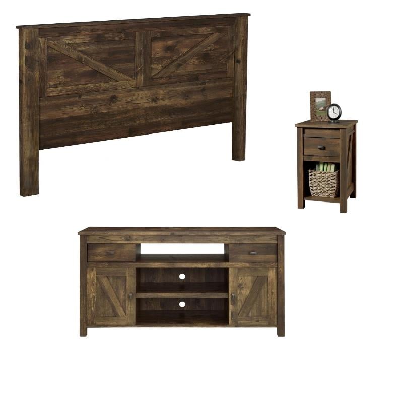 Home Square 3 Piece Set with Queen Headboard Nightstand and TV Stand in Rustic