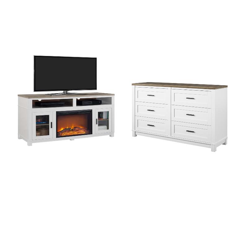 Home Square 2 Piece Set with 6 Drawer Dresser and Fireplace TV Stand in  White