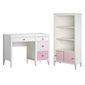 home square 2 piece kids bedroom set with bookcase and desk in white and pink