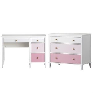 home square 2 piece bedroom set with desk and 3 drawer dresser in white and pink