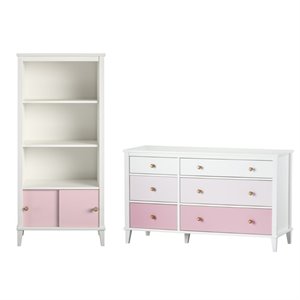 home square 2 piece kids bedroom set with bookcase and 6 drawer dresser in pink