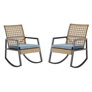 home square 2 piece patio set with 2 brown rattan rockers with blue cushions