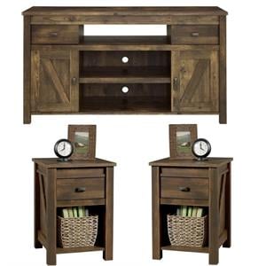 Home Square 3 Piece Living Room Set with 60&quot TV Stand and 2 End Tables in Rustic