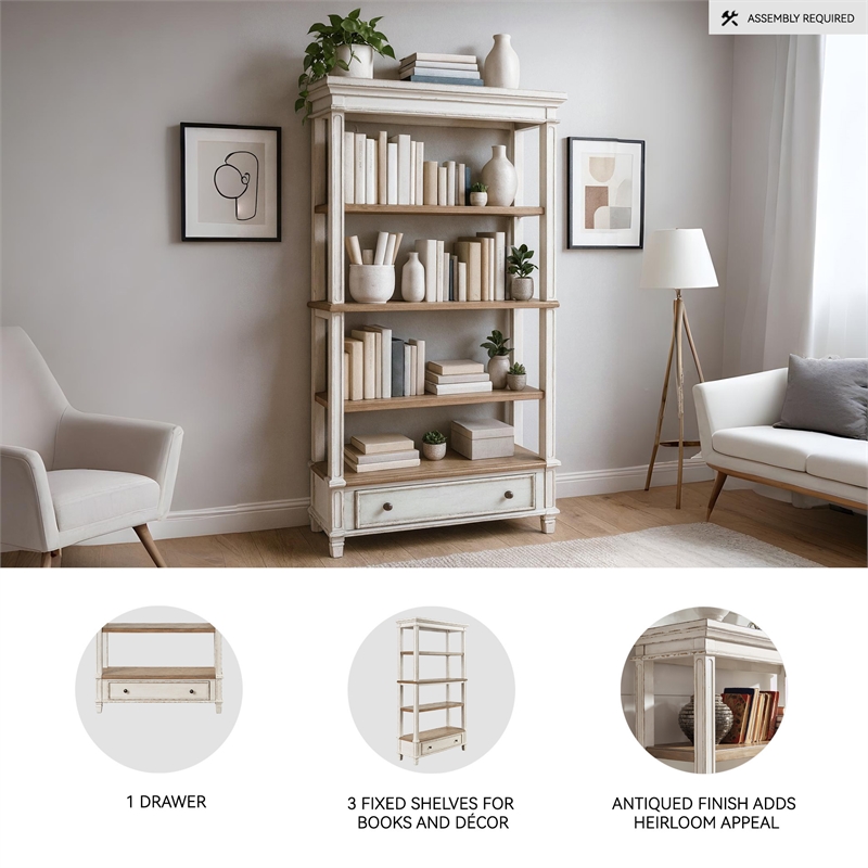 Home Square 4 Shelf Bookcase Set in Antique White and Brown (Set of 2)
