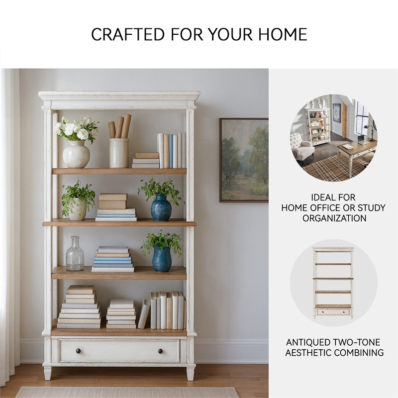 Home Square 4 Shelf Bookcase Set in Antique White and Brown (Set of 2)