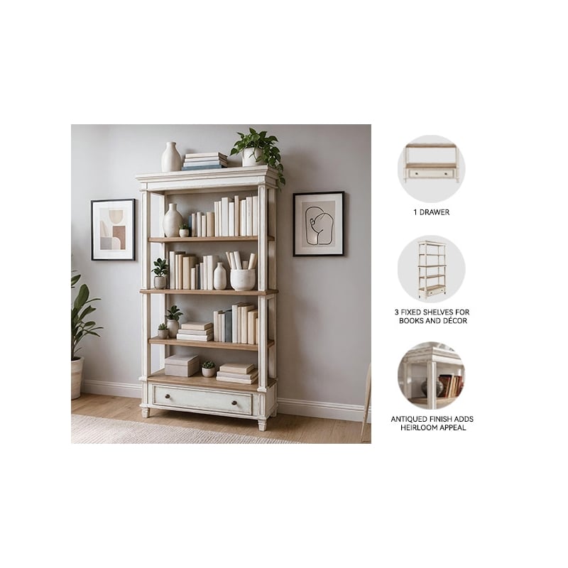 Home Square 4 Shelf Bookcase Set in Antique White and Brown (Set of 2)