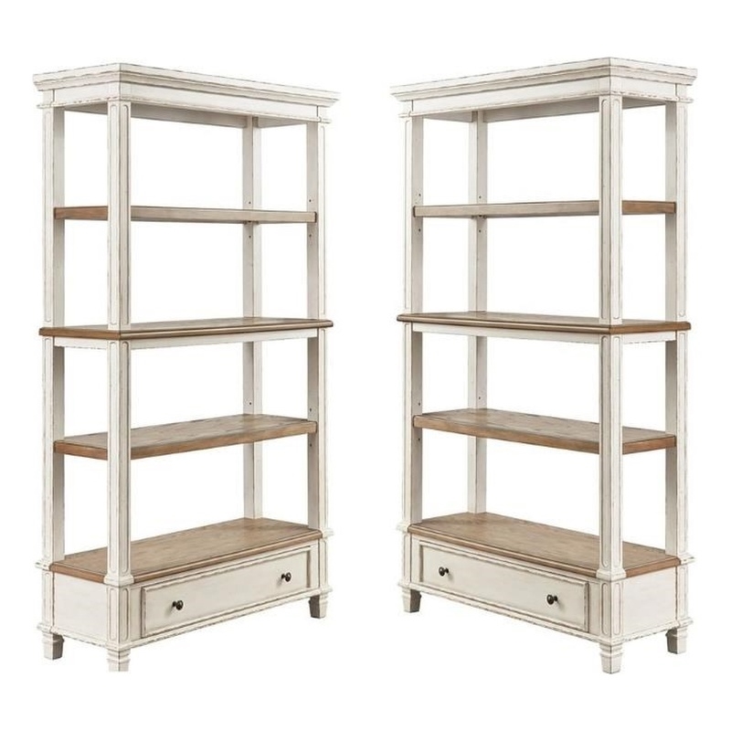 Home Square 4 Shelf Bookcase Set in Antique White and Brown (Set of 2)
