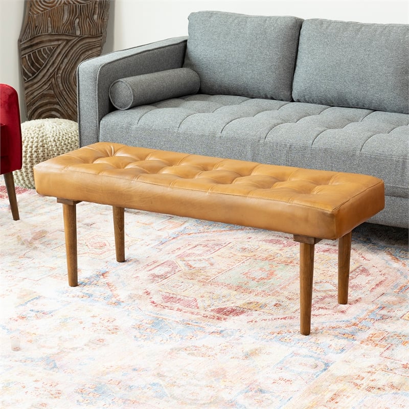 Home Square 2 Piece Benji Genuine Leather Bench Set in Cognac/Tan Brown