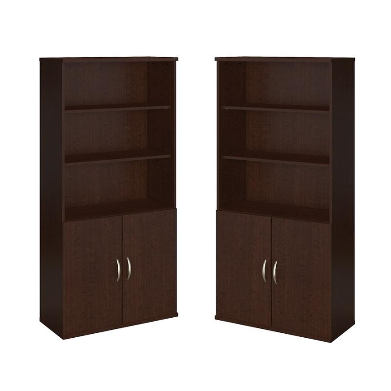 Home Square 5 Shelf Wood Bookcase with Doors Set in Mocha Cherry (Set of 2)