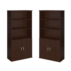 Home Square 5 Shelf Wood Bookcase with Doors Set in Mocha Cherry (Set of 2)
