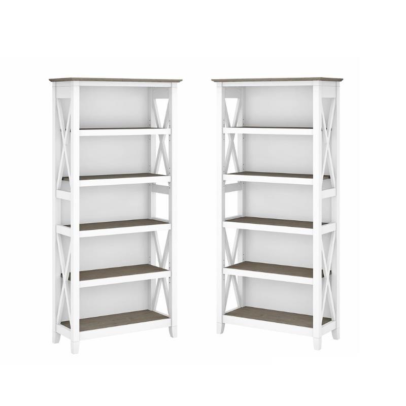 Home Square 5 Shelf Wood Bookcase Set in Pure White and Shiplap Gray (Set of 2)