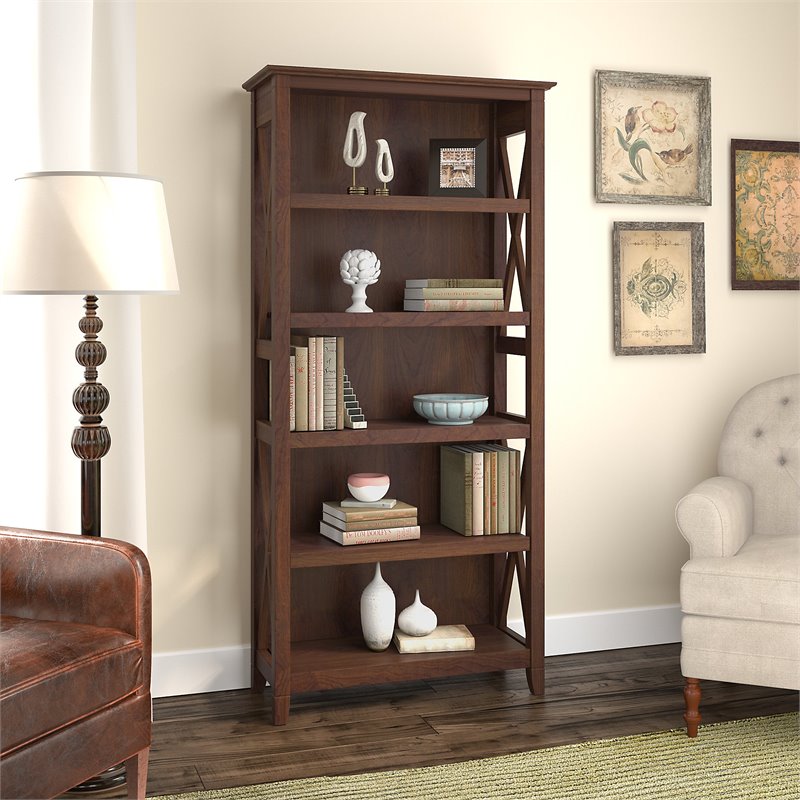 Home Square 5 Shelf Wood Bookcase Set in Bing Cherry (Set of 2)