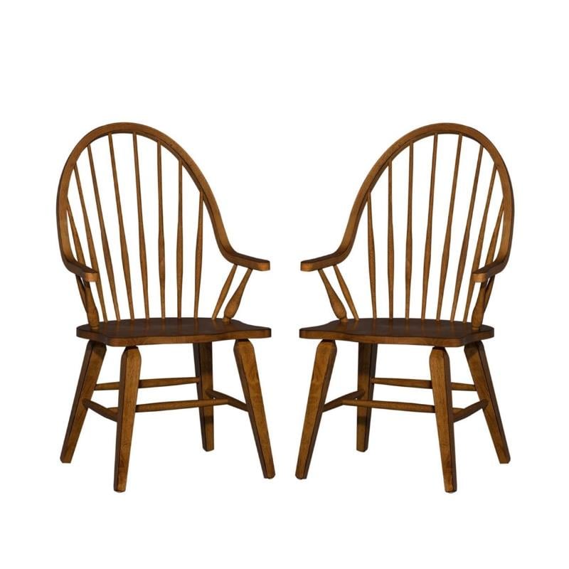 Home Square 2 Piece Windsor Back Wood Dining Arm Chair Set in Rustic Oak