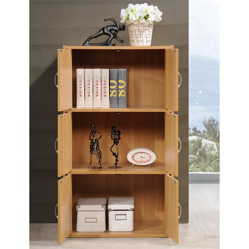 Home Square 3 Shelf 6 Door Multi-Purpose Wooden Bookcase Set in Beige (Set of 2)