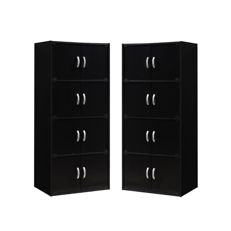 Home Square 4 Shelf 8 Door Wooden Bookcase Cabinet Set in Black (Set of 2)