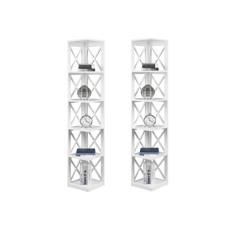 Home Square 5 Shelf Wood Corner Bookcase Set in White (Ste of 2)