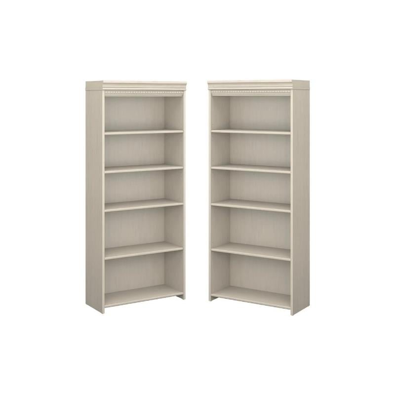 Home Square 5 Shelf Engineered Wood Bookcase Set in Antique White (Set of 2)