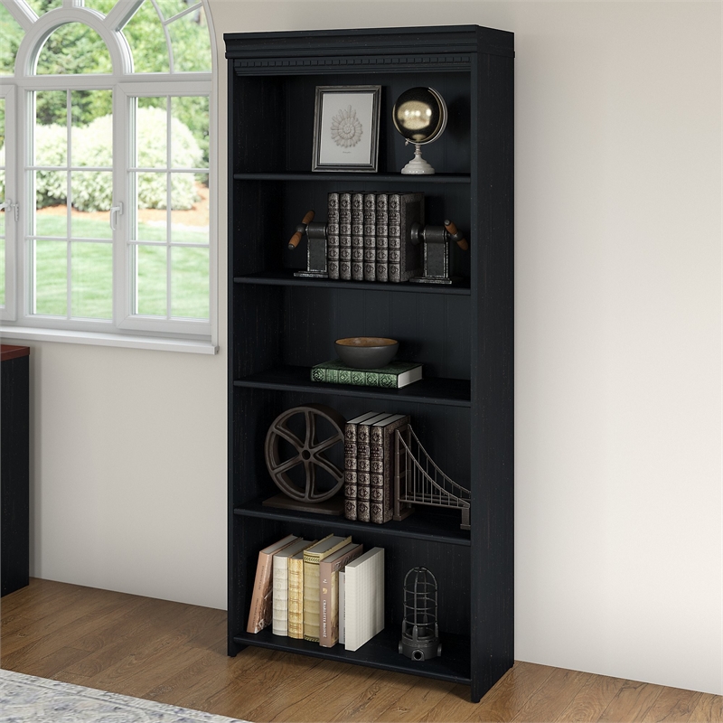 Home Square 5 Shelf Engineered Wood Bookcase Set in Antique Black (Set of 2)