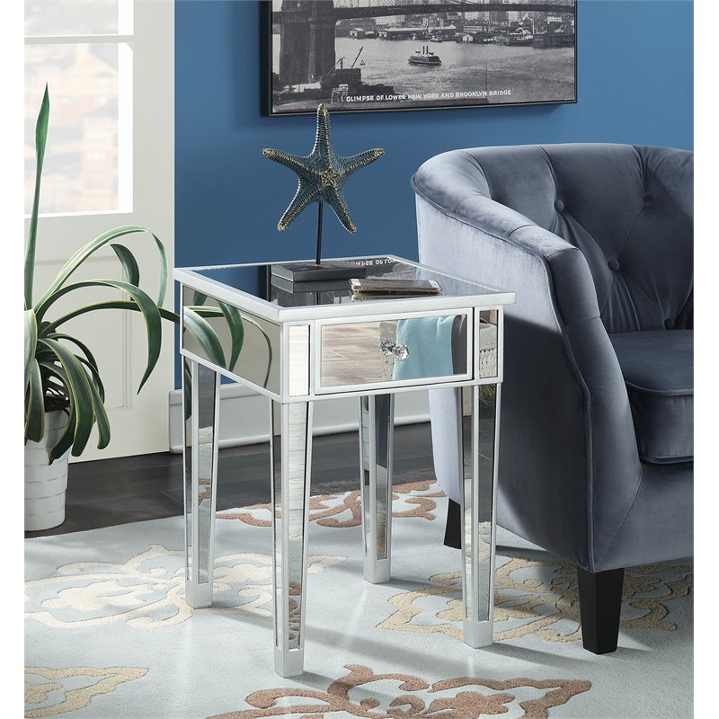 Home Square 2 Piece End Table with Drawer and Mirrored Glass Set in Silver